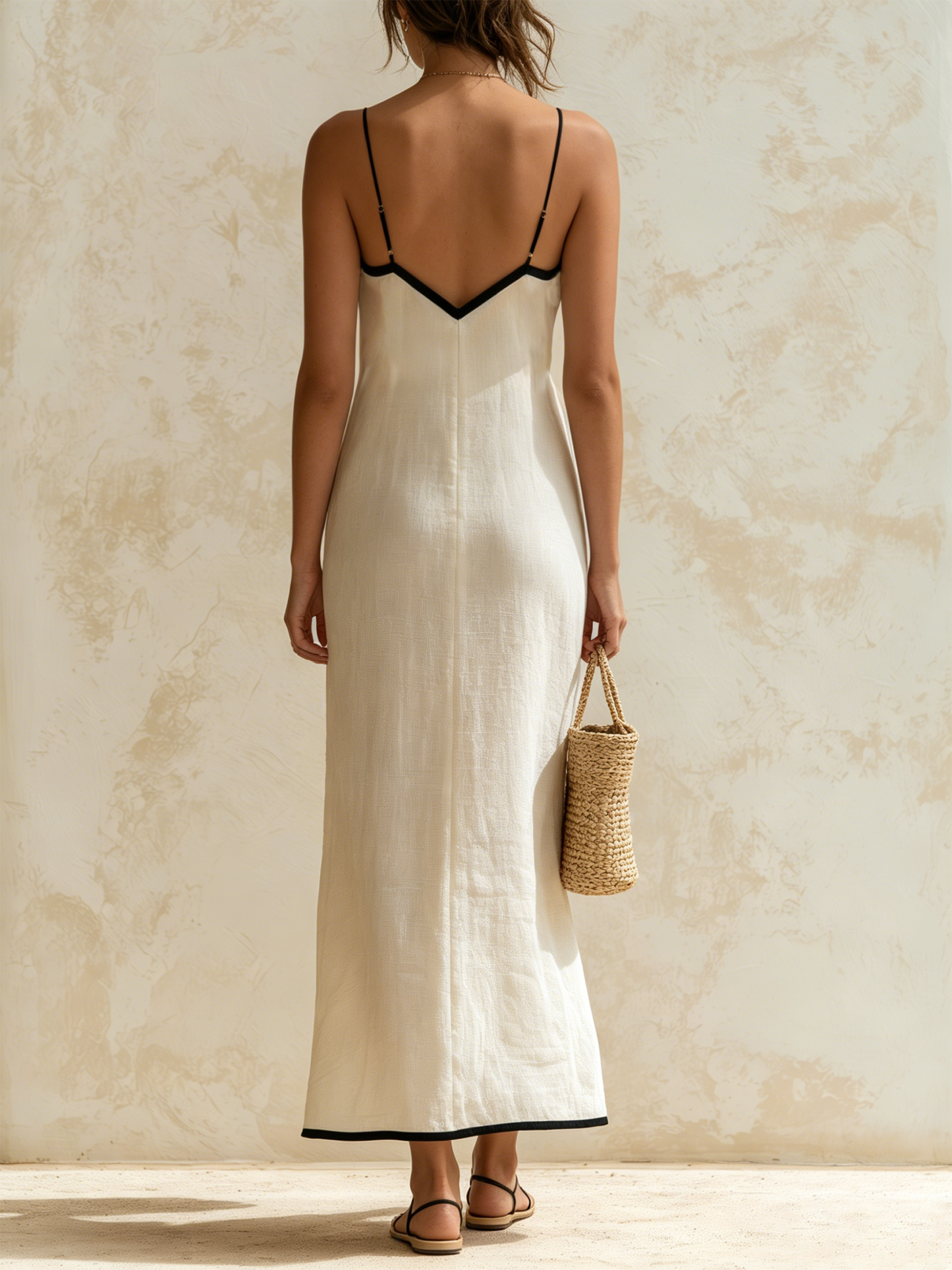 Monica | Vestito lungo in lino stile slip con bordi a contrasto con motivo a chevron