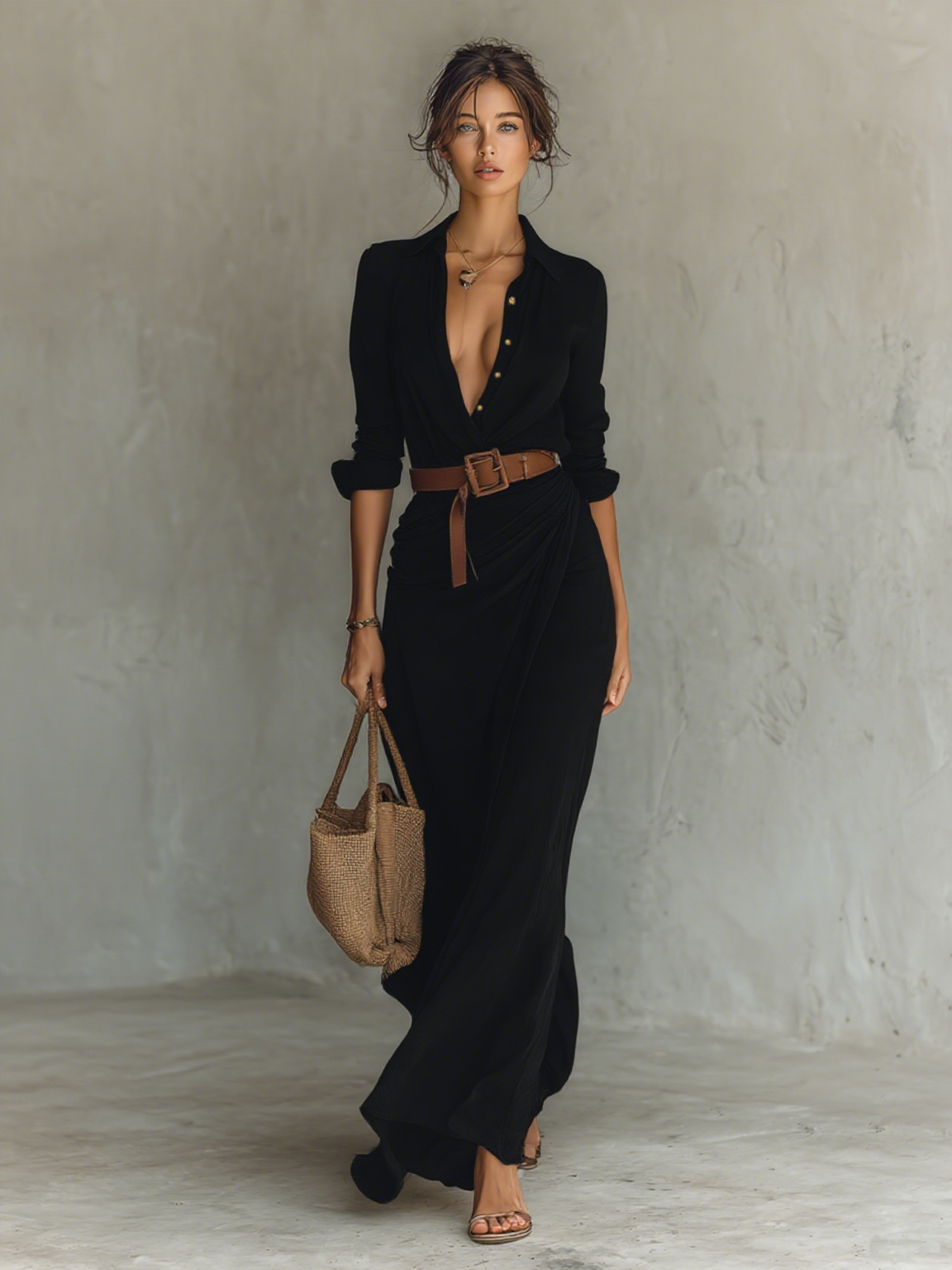 Abito Maxi Lungo con Collo Rever e Maniche Lunghe per Donne
