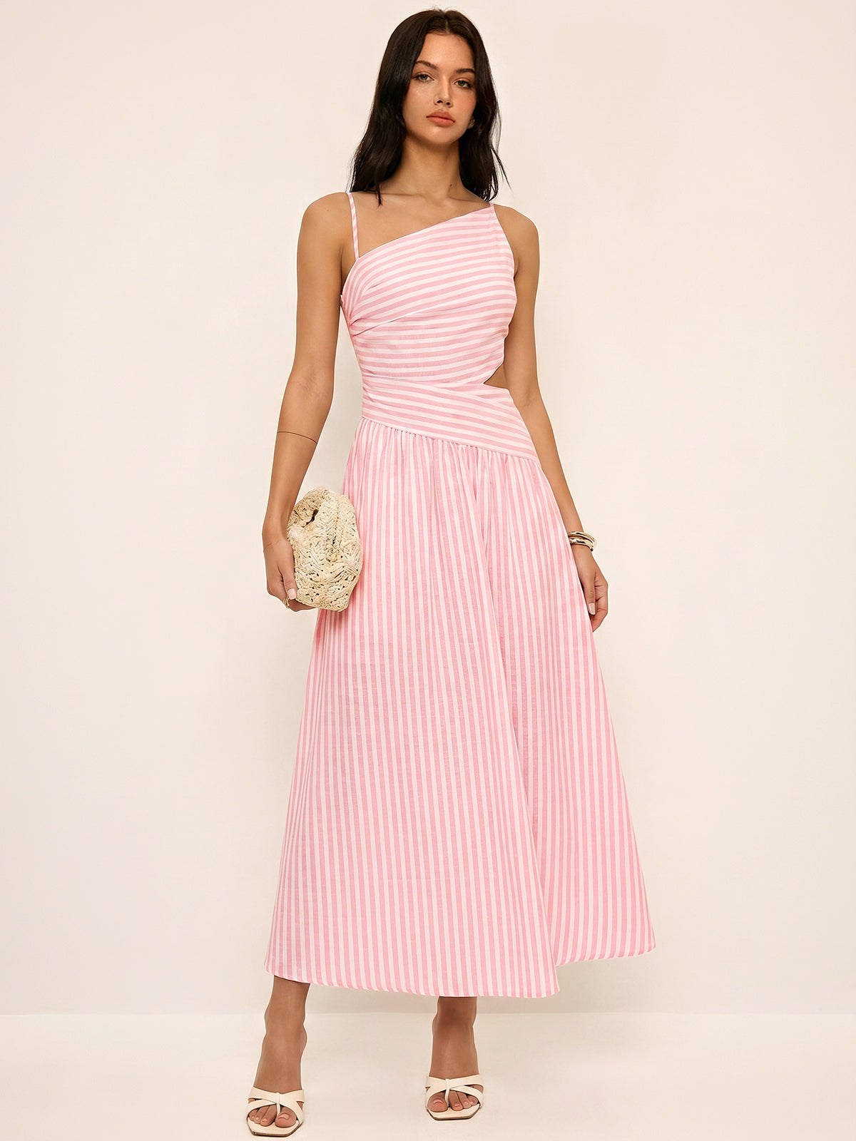 Abito Maxi Asimmetrico con Cut-Out a Strisce