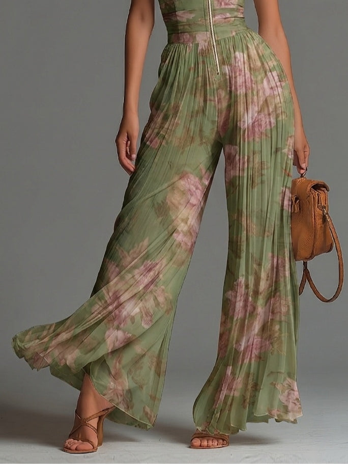Tuta Chiffon Verde Floreale con Scollatura a V, Senza Maniche, con Zip e Pieghe, a Gamba Larga