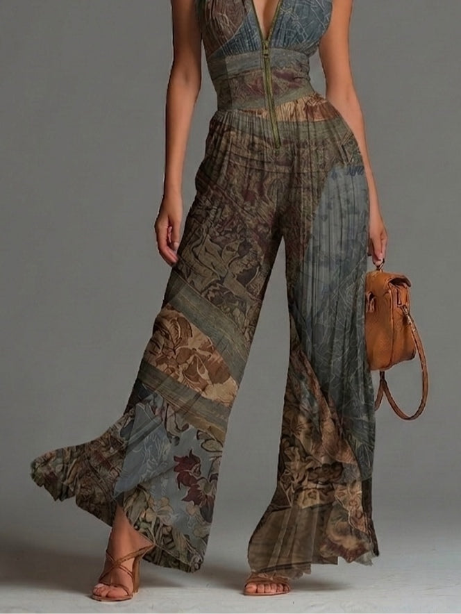 Jumpsuit in Chiffon a Maniche Corte con Stampa Etnica Bohemien e Zip