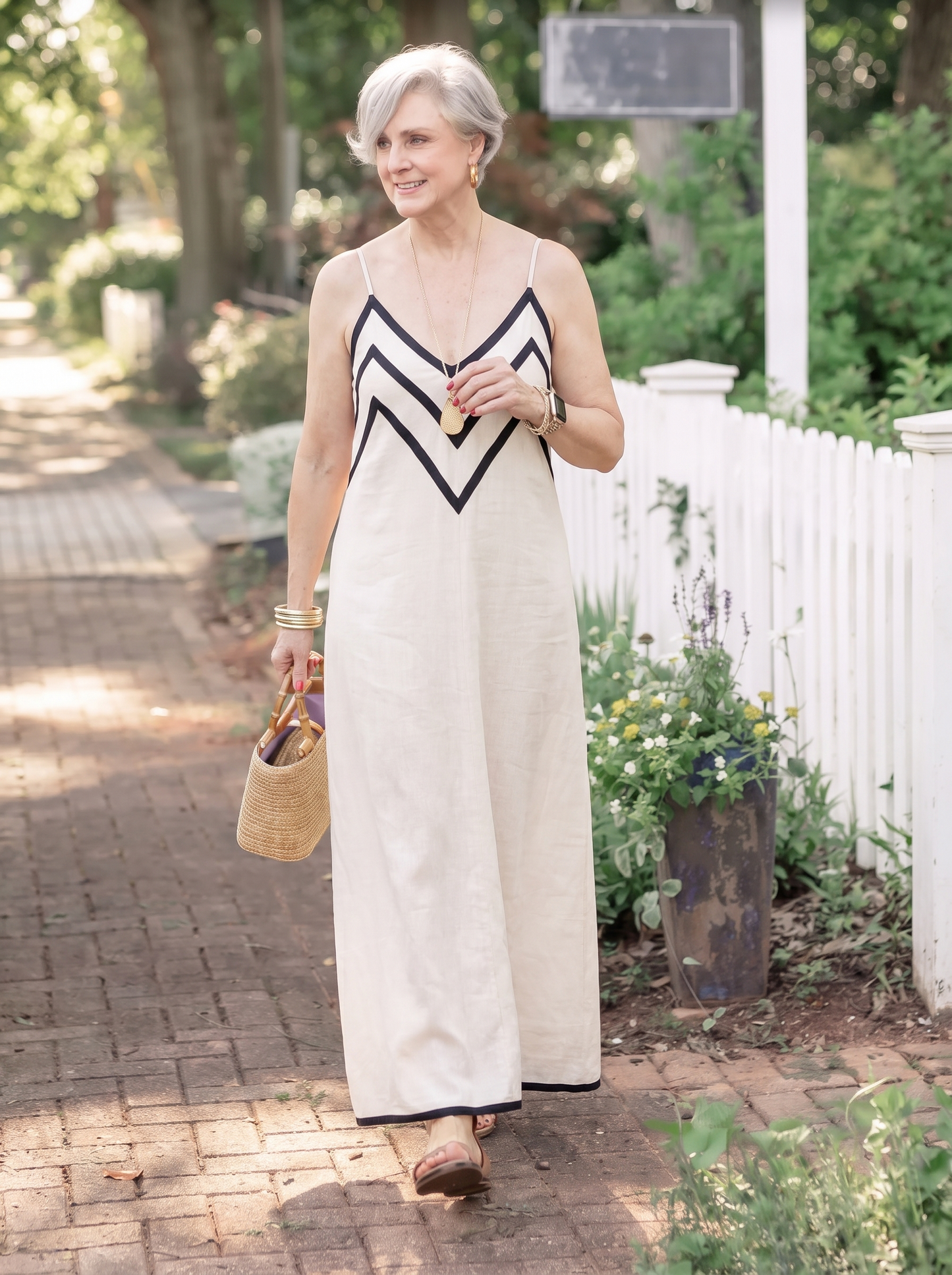 Monica | Vestito lungo lino stile slip con bordi a contrasto con motivo a chevron
