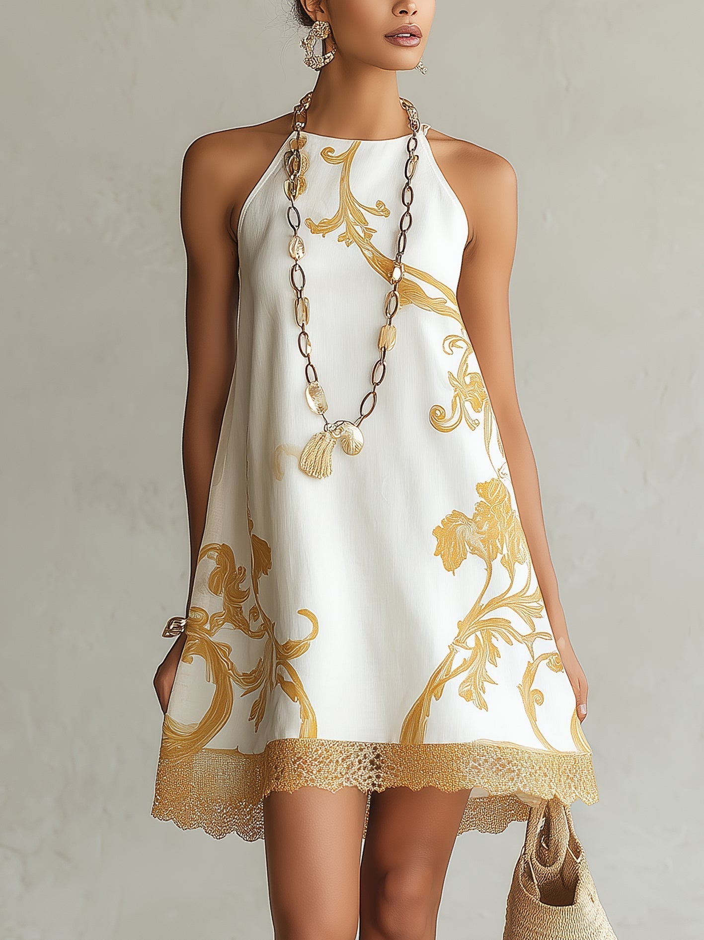 Héloïse | Abito Mini in Pizzo Bianco con Motivi Dorati