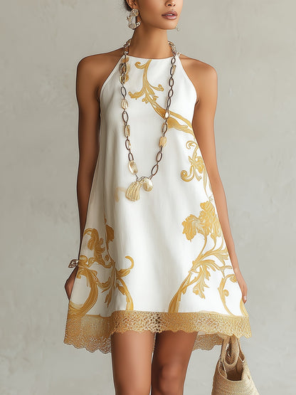 Héloïse | Abito Mini in Pizzo Bianco con Motivi Dorati