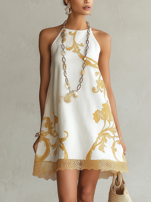 Héloïse | Abito Mini in Pizzo Bianco con Motivi Dorati