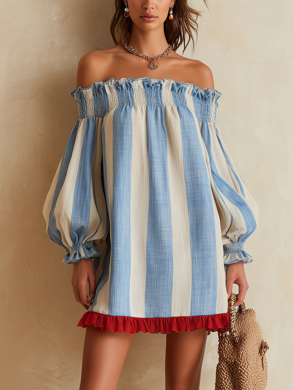 Ondine | Mini Abito Strisce Blu e Bianco con Spalle Scoperte e Orlo a Contrasto