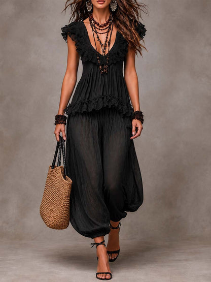 Set Top in Pizzo Viscosa Nera e Pantaloni Harem