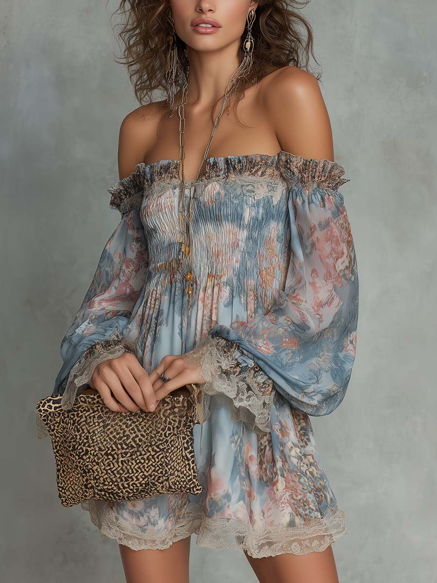 Romane | Abito Mini in Mousseline Arricciato con Spalle Scoperte e Fiori Romantici