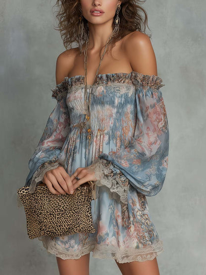 Romane | Abito Mini in Mousseline Arricciato con Spalle Scoperte e Fiori Romantici