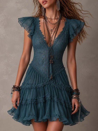 Delphine | Mini Abito con Volant in Pizzo e Mousseline Blu Retro