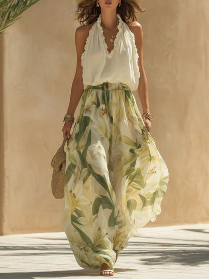 Set Top Senza Maniche in Chiffon con Rouches e Pantaloni con Stampa di Gigli