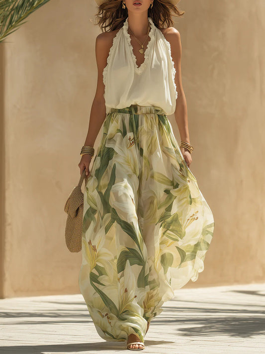 Set Top Senza Maniche in Chiffon con Rouches e Pantaloni con Stampa di Gigli