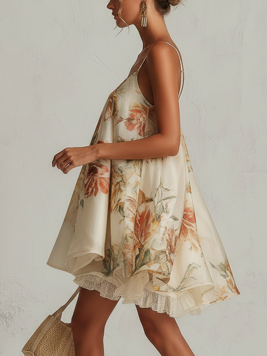 Blanche | Abito Mini A Campana in Organza Fiori Beige con Bordo in Pizzo