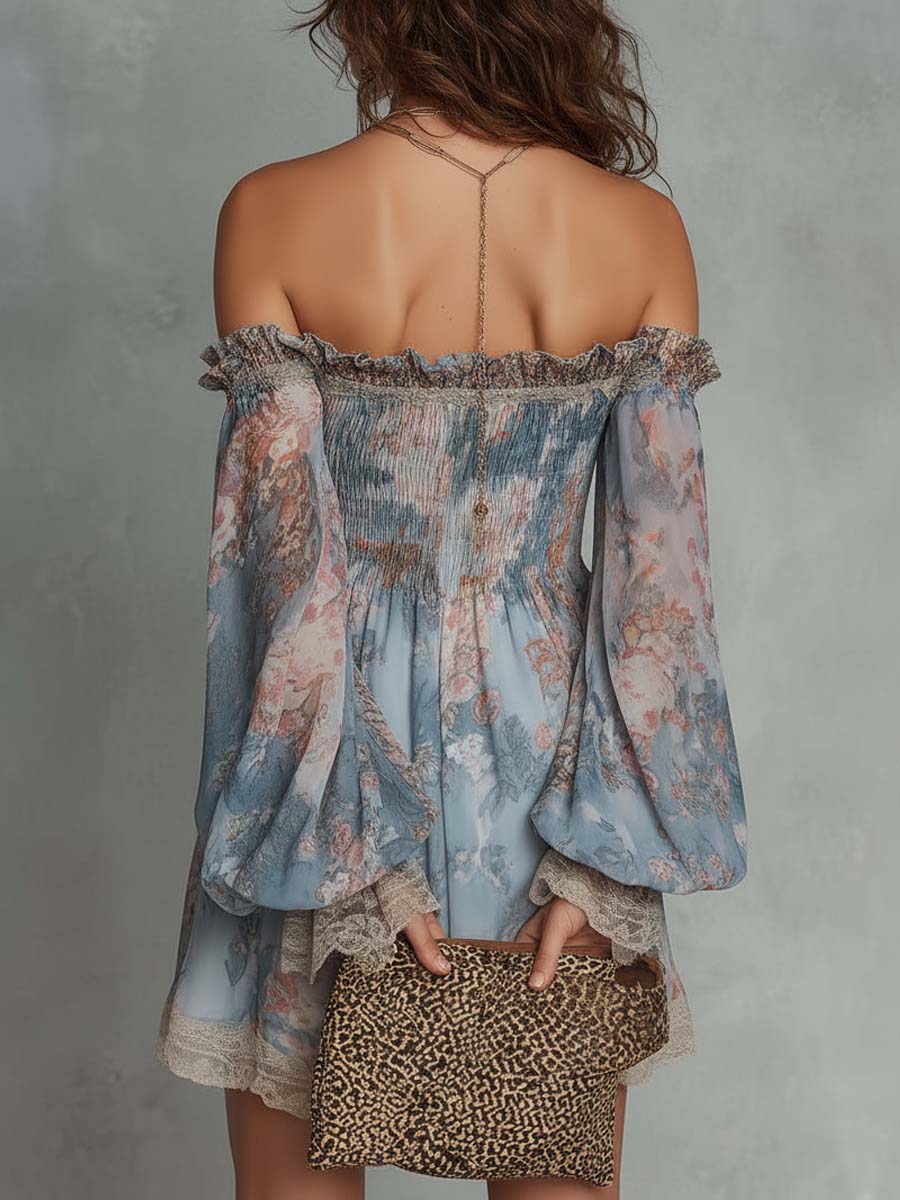 Romane | Abito Mini in Mousseline Arricciato con Spalle Scoperte e Fiori Romantici