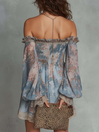 Romane | Abito Mini in Mousseline Arricciato con Spalle Scoperte e Fiori Romantici