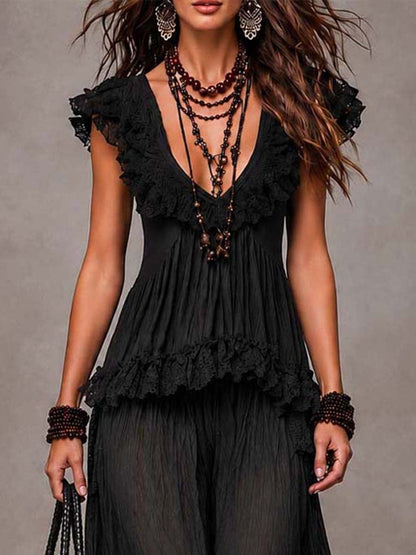 Set Top in Pizzo Viscosa Nera e Pantaloni Harem