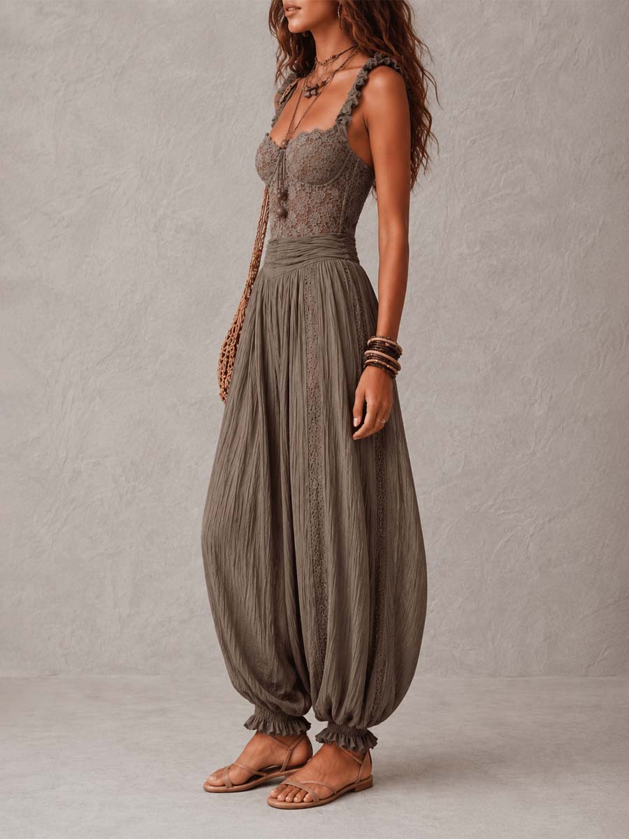 Set di Pantaloni Harem in Cotone Pieghettato e Bandeau in Pizzo Grigio