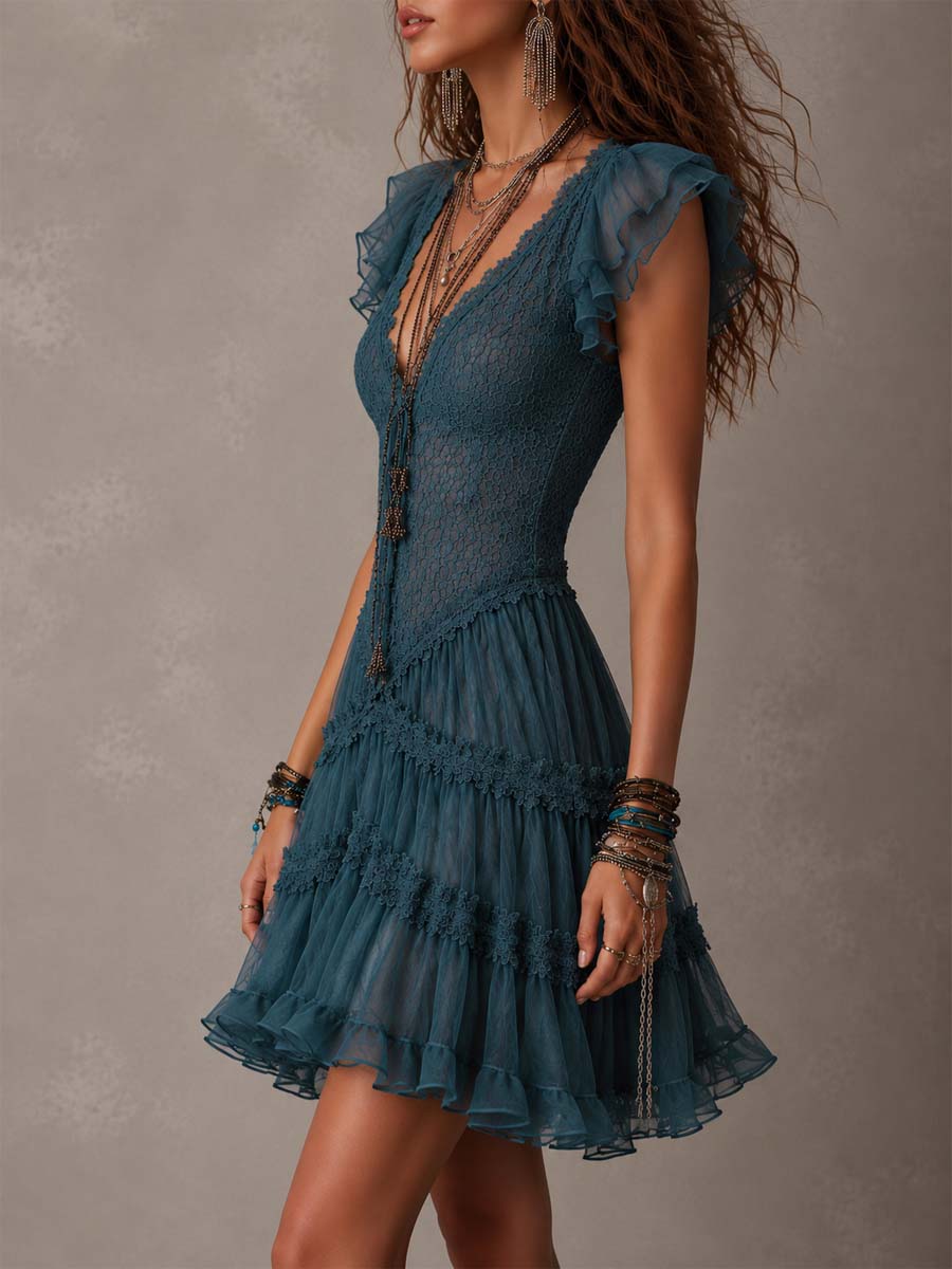 Delphine | Mini Abito con Volant in Pizzo e Mousseline Blu Retro