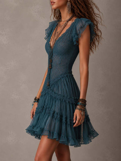 Delphine | Mini Abito con Volant in Pizzo e Mousseline Blu Retro