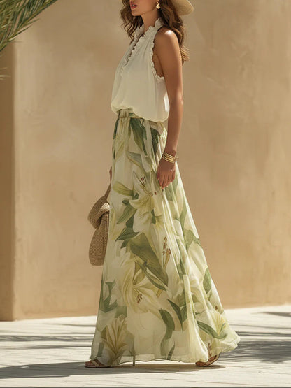 Set Top Senza Maniche in Chiffon con Rouches e Pantaloni con Stampa di Gigli