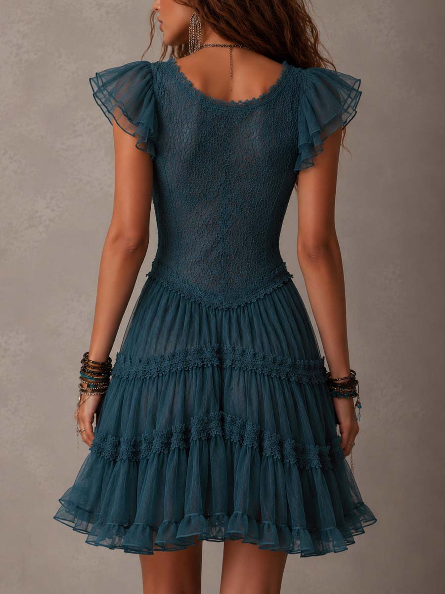 Delphine | Mini Abito con Volant in Pizzo e Mousseline Blu Retro