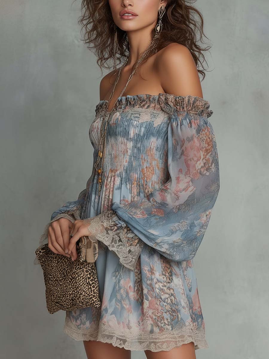 Romane | Abito Mini in Mousseline Arricciato con Spalle Scoperte e Fiori Romantici