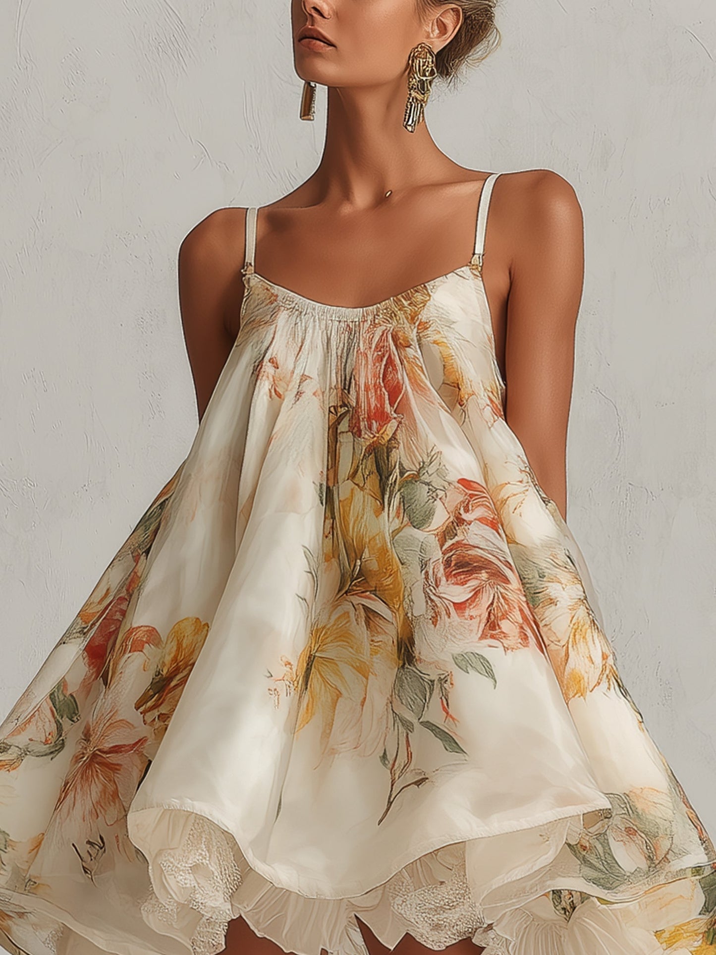 Blanche | Abito Mini A Campana in Organza Fiori Beige con Bordo in Pizzo