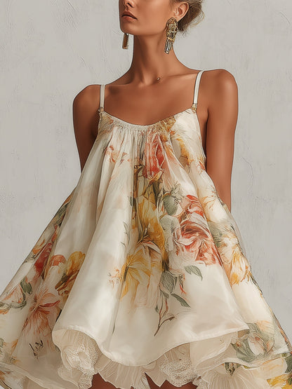 Blanche | Abito Mini A Campana in Organza Fiori Beige con Bordo in Pizzo
