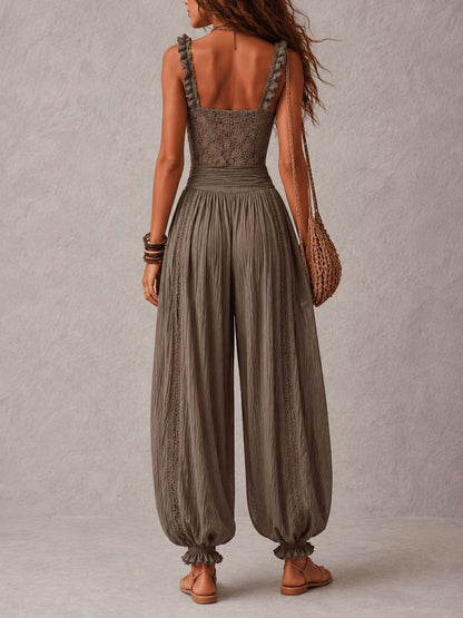 Set di Pantaloni Harem in Cotone Pieghettato e Bandeau in Pizzo Grigio