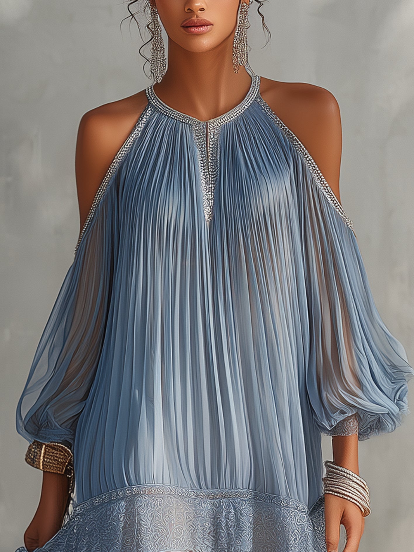 Abito Mini Blu Off-Shoulder Arricciato con Orlo in Pizzo