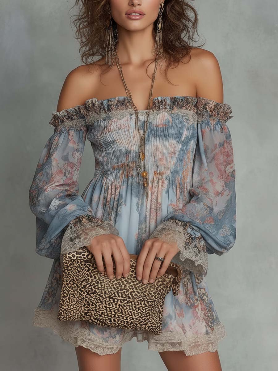Romane | Abito Mini in Mousseline Arricciato con Spalle Scoperte e Fiori Romantici