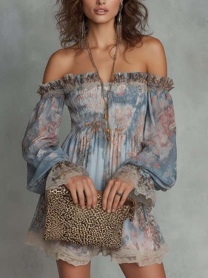 Romane | Abito Mini in Mousseline Arricciato con Spalle Scoperte e Fiori Romantici
