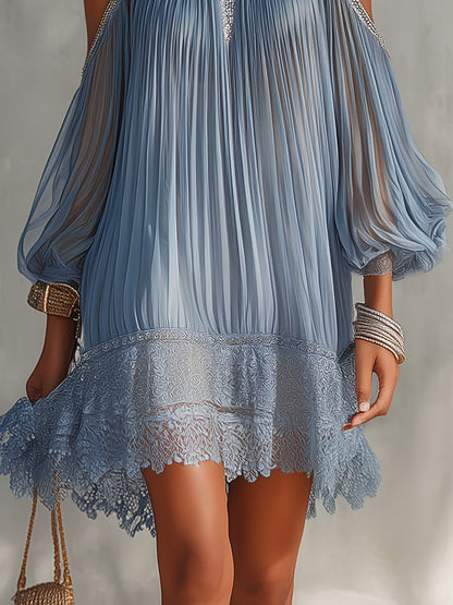 Abito Mini Blu Off-Shoulder Arricciato con Orlo in Pizzo