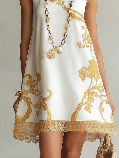 Héloïse | Abito Mini in Pizzo Bianco con Motivi Dorati