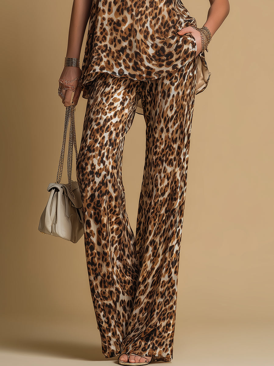 Elegante Top in Chiffon Senza Maniche con Stampa Leopardata e Pantaloni Svasati