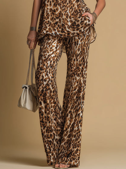 Elegante Top in Chiffon Senza Maniche con Stampa Leopardata e Pantaloni Svasati