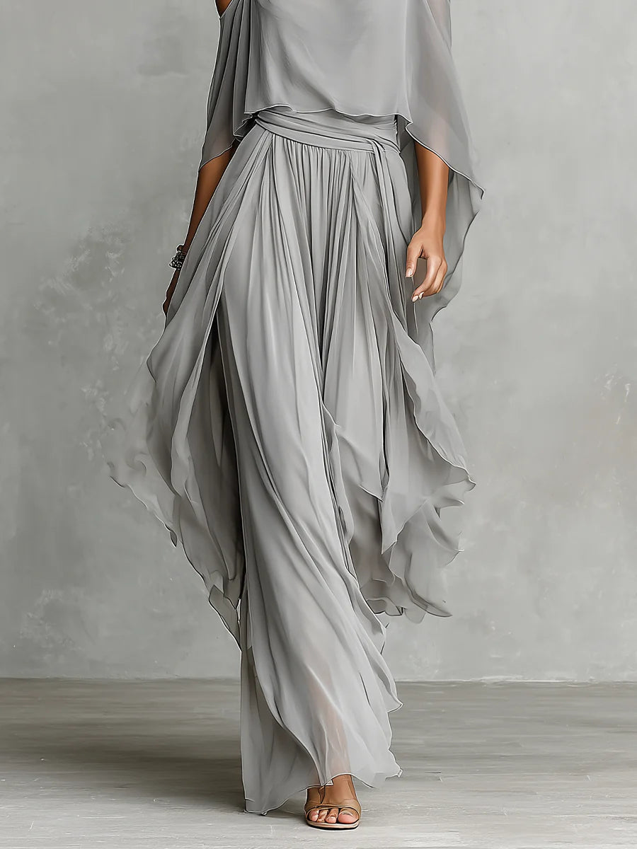 Isabella | Top Grigio Fluttuante e Pantaloni in Chiffon • S1
