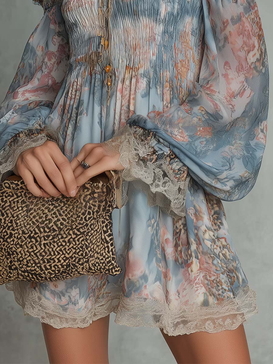 Romane | Abito Mini in Mousseline Arricciato con Spalle Scoperte e Fiori Romantici