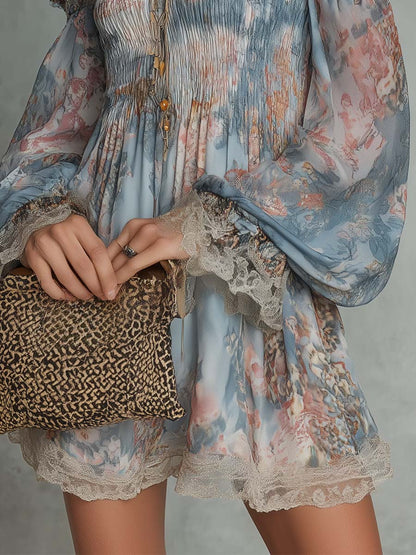 Romane | Abito Mini in Mousseline Arricciato con Spalle Scoperte e Fiori Romantici