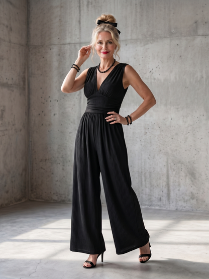 Vincenza | Jumpsuit a Vita Alta con Profondo Scollo a V e Gamba Larga