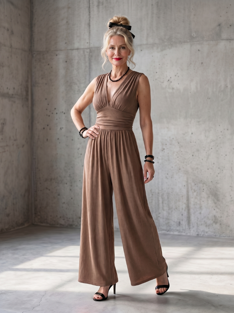 Vincenza | Jumpsuit a Vita Alta con Profondo Scollo a V e Gamba Larga