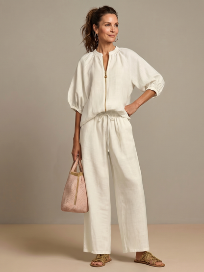 Natalia | Top Blouson con Zip Frontale e Pantaloni a Gamba Larga