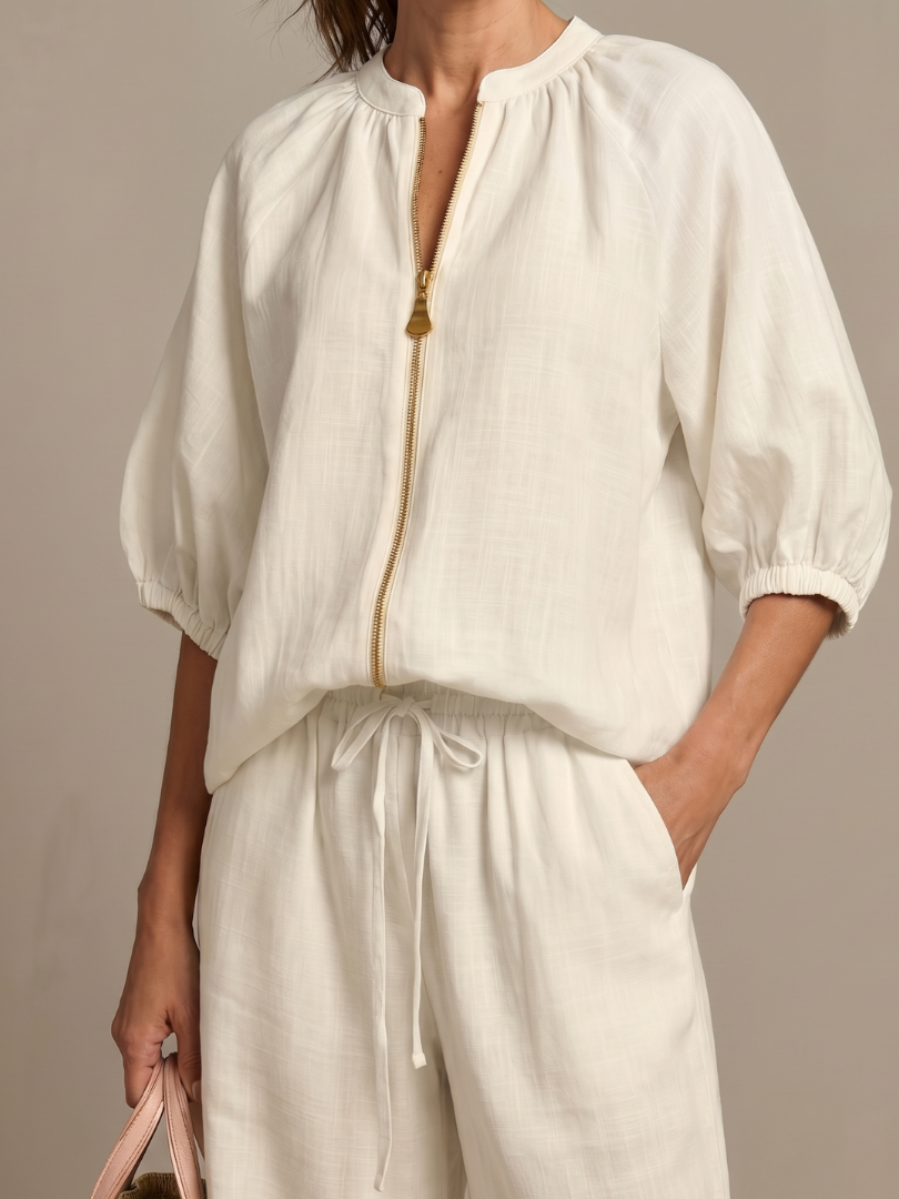 Natalia | Top Blouson con Zip Frontale e Pantaloni a Gamba Larga