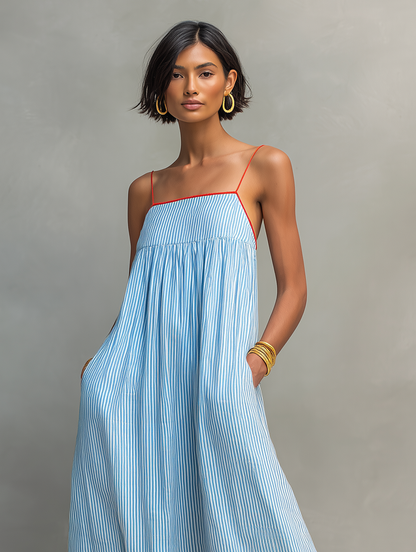 Camilla | Abito Maxi a Righe con Bordo Rosso