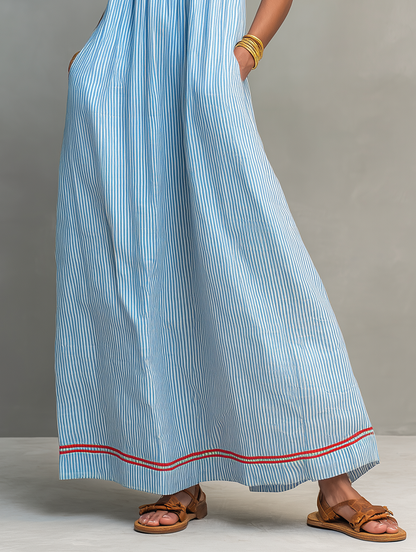 Camilla | Abito Maxi a Righe con Bordo Rosso