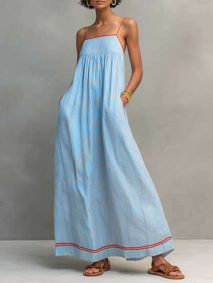 Camilla | Abito Maxi a Righe con Bordo Rosso