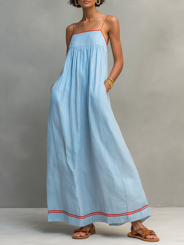 Camilla | Abito Maxi a Righe con Bordo Rosso