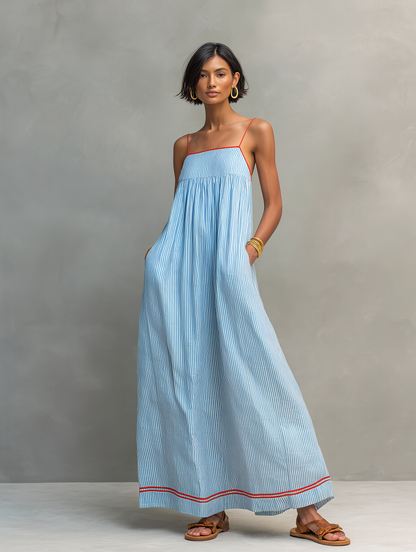 Camilla | Abito Maxi a Righe con Bordo Rosso