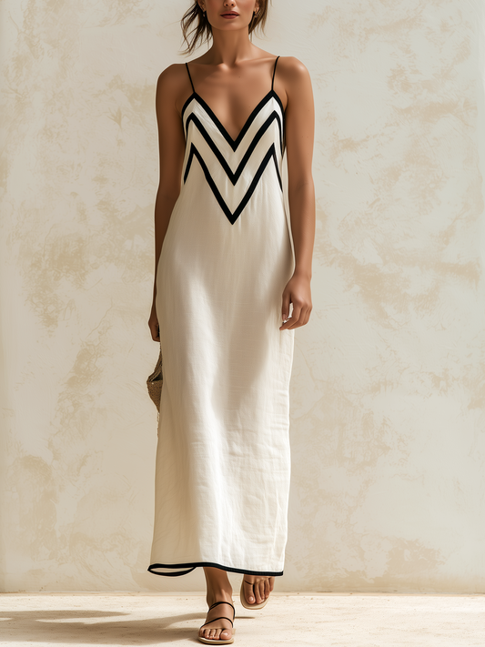 Monica | Vestito lungo in lino stile slip con bordi a contrasto con motivo a chevron