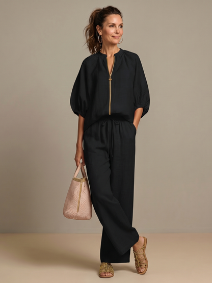 Natalia | Top Blouson con Zip Frontale e Pantaloni a Gamba Larga